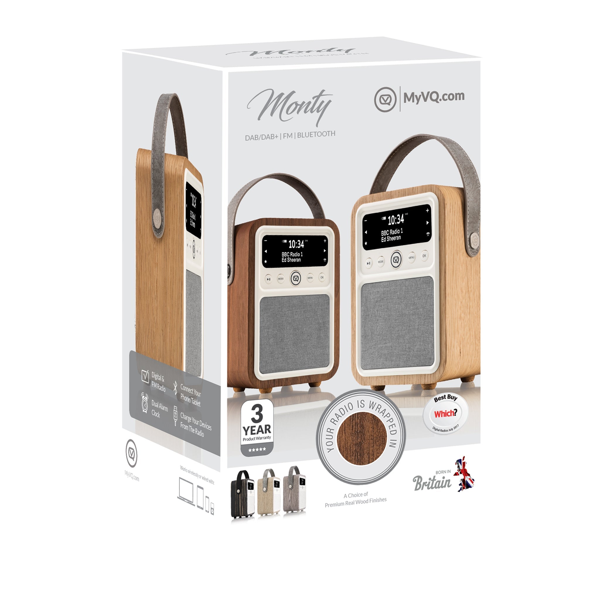 The MYVQ Monty is a beautifully modern styled DAB/DAB+ digital radio and Bluetooth speaker featuring a premium real wood case in a choice of finishes.